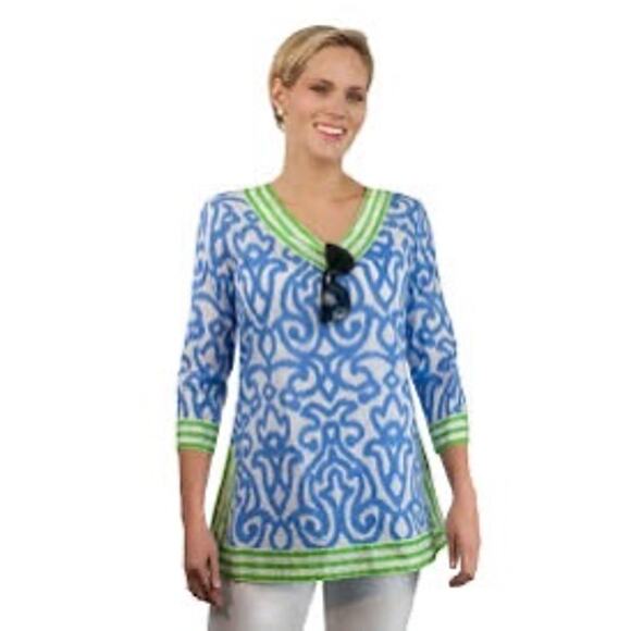 Gretchen Scott Designs Arabesque Tunic Top Blue Green Artsy Coastal Large Cotton - Picture 1 of 13